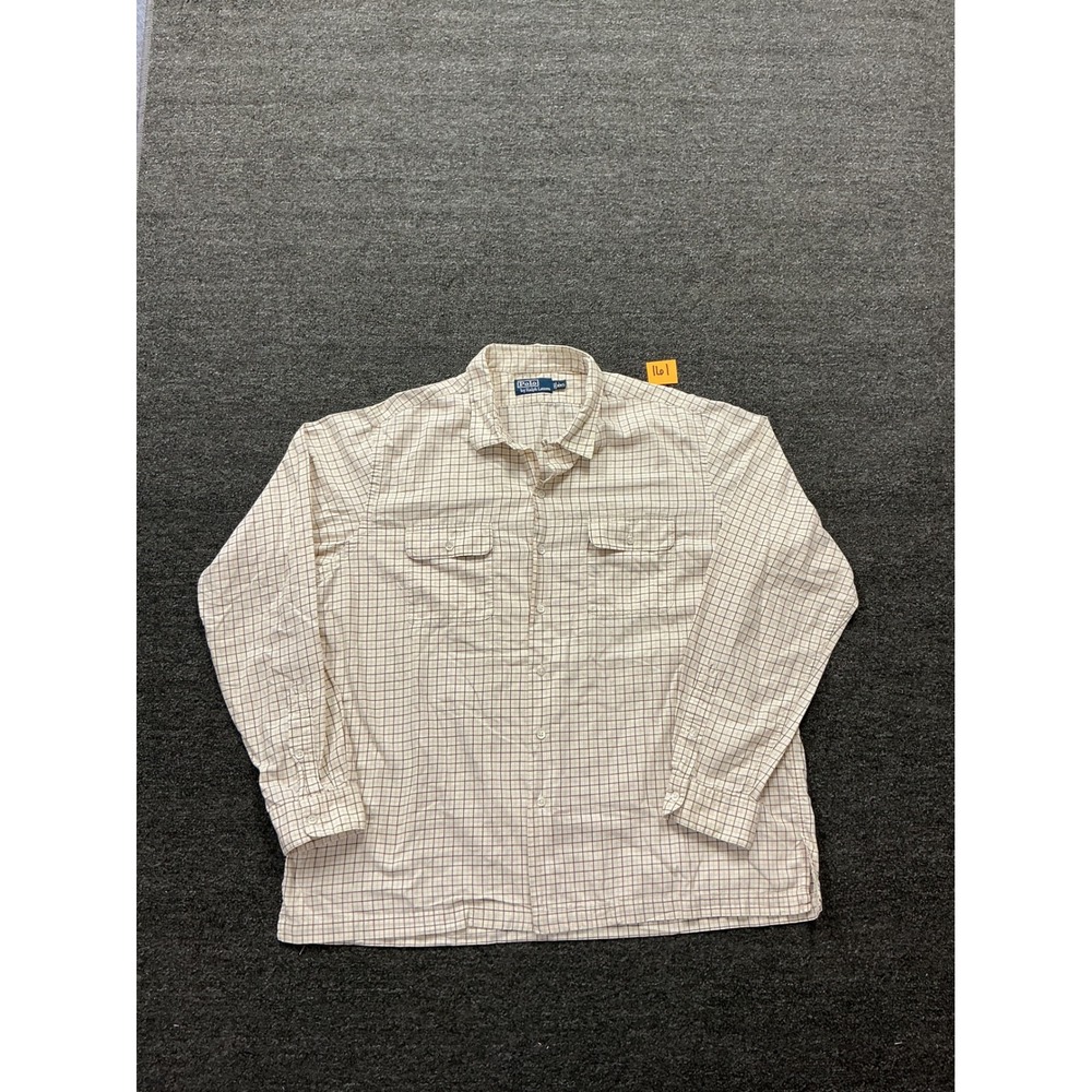 Polo Ralph Lauren Mens XXL Cream Brown Grid Check Long Sleeve Button Down Shirt